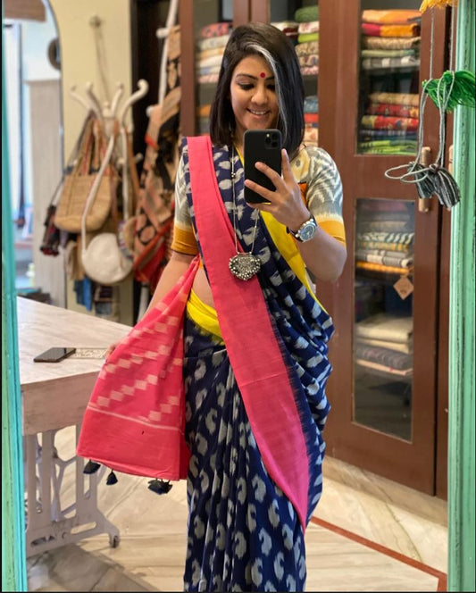 Exquisite Blue Color Cotton Linen Saree With Unstitched Blouse Piece For Women