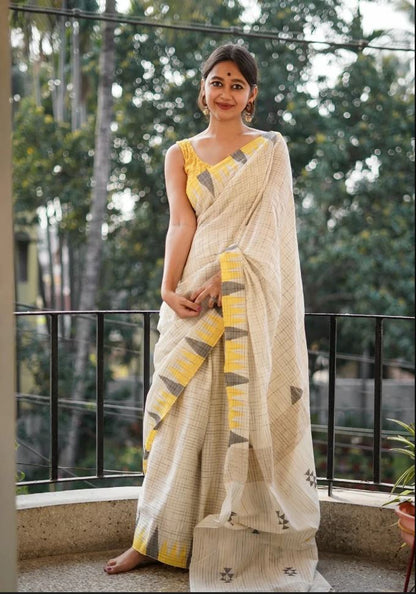Timeless White Color Cotton Linen Saree With Unstitched Blouse Piece For Women