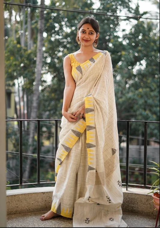 Timeless White Color Cotton Linen Saree With Unstitched Blouse Piece For Women