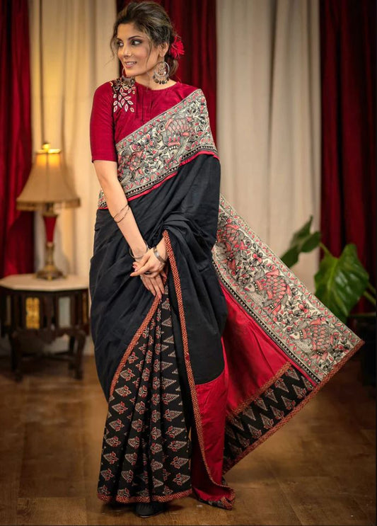 Stunning Red and Green Color Cotton Linen Saree With Unstitched Blouse Piece For Women