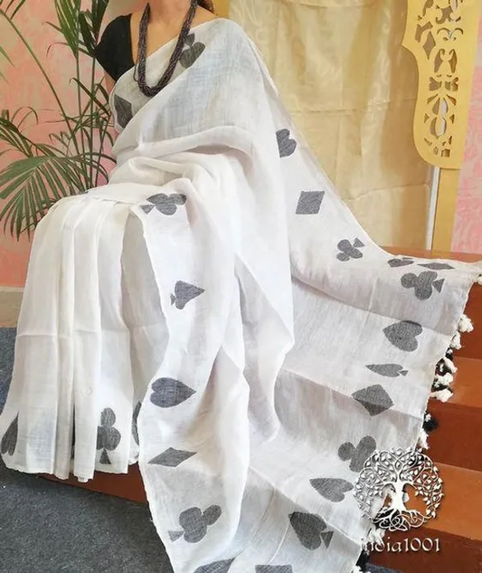 Gorgeous White Color Cotton Linen Saree With Unstitched Blouse Piece For Women
