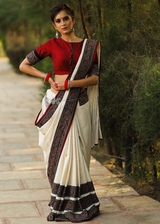 Royal White Color Cotton Linen Saree With Unstitched Blouse Piece For Women
