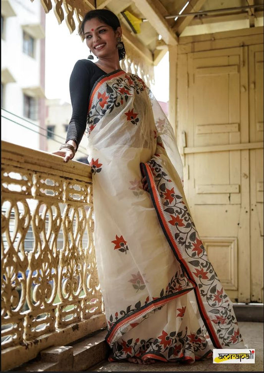 Dazzling White Color Cotton Linen Saree With Unstitched Blouse Piece For Women