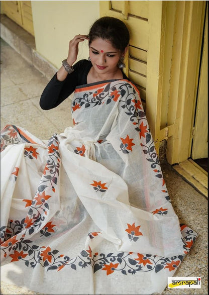 Dazzling White Color Cotton Linen Saree With Unstitched Blouse Piece For Women