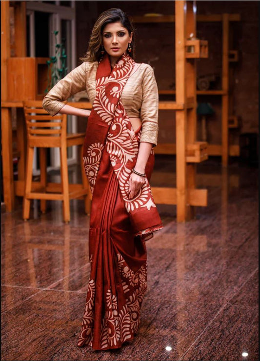 Glamorous Red Color Cotton Linen Saree With Unstitched Blouse Piece For Women