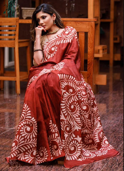 Glamorous Red Color Cotton Linen Saree With Unstitched Blouse Piece For Women