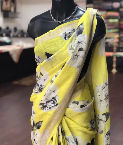 Mesmerizing Yellow Color Cotton Linen Saree With Unstitched Blouse Piece For Women
