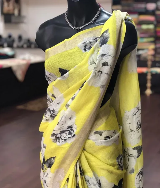 Mesmerizing Yellow Color Cotton Linen Saree With Unstitched Blouse Piece For Women