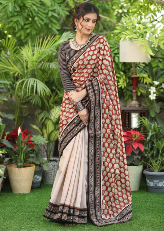 Traditional White Color Cotton Linen Saree With Unstitched Blouse Piece For Women