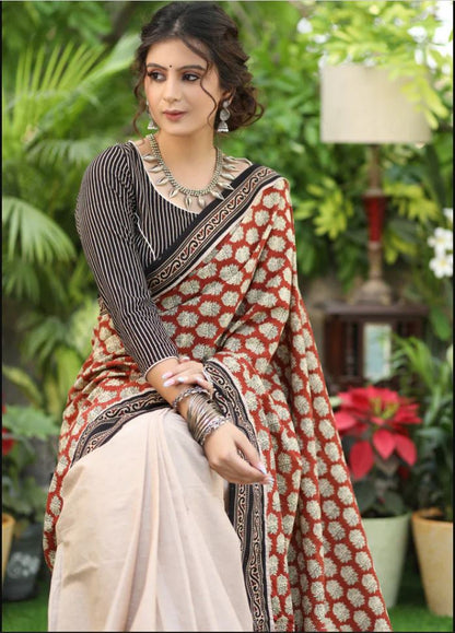 Traditional White Color Cotton Linen Saree With Unstitched Blouse Piece For Women