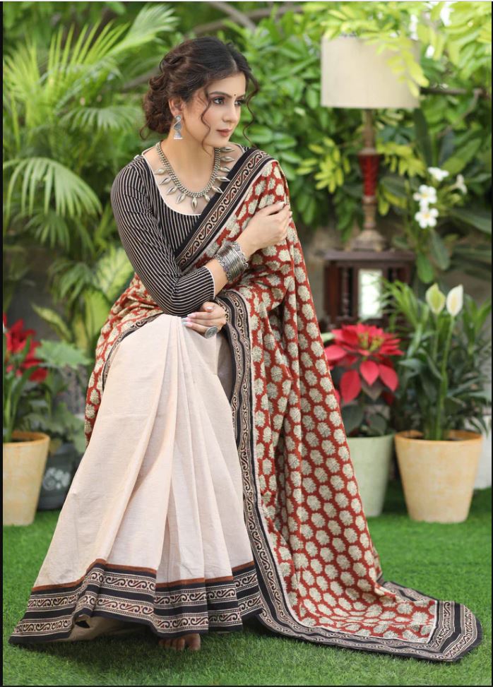 Traditional White Color Cotton Linen Saree With Unstitched Blouse Piece For Women