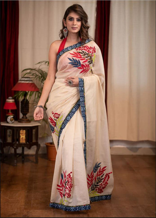 Luxurious White Color Cotton Linen Saree With Unstitched Blouse Piece For Women