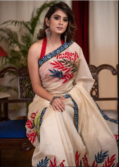 Luxurious White Color Cotton Linen Saree With Unstitched Blouse Piece For Women