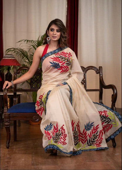Luxurious White Color Cotton Linen Saree With Unstitched Blouse Piece For Women