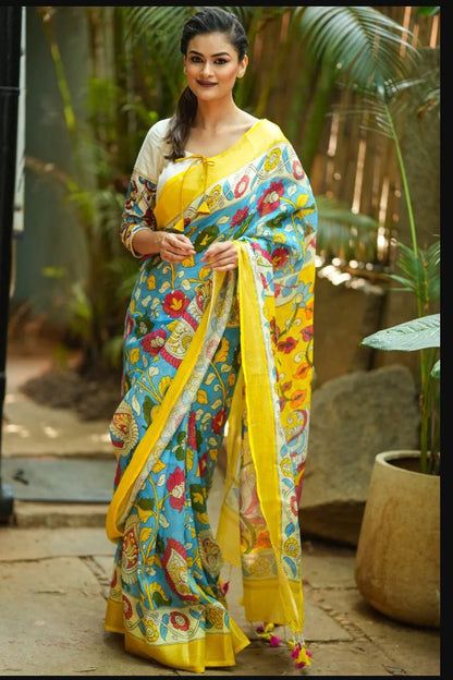 Regal Yellow Color Cotton Linen Saree With Unstitched Blouse Piece For Women