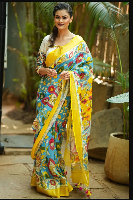 Regal Yellow Color Cotton Linen Saree With Unstitched Blouse Piece For Women