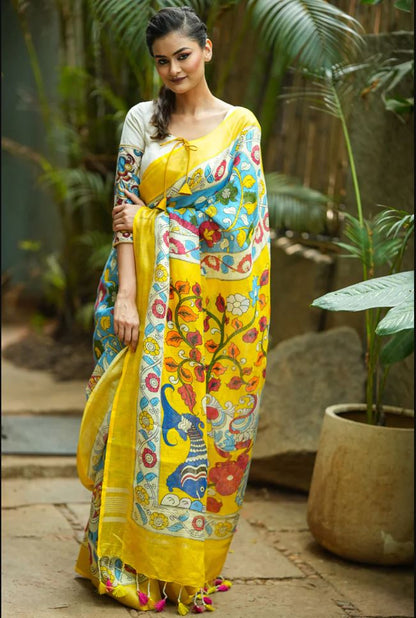 Regal Yellow Color Cotton Linen Saree With Unstitched Blouse Piece For Women