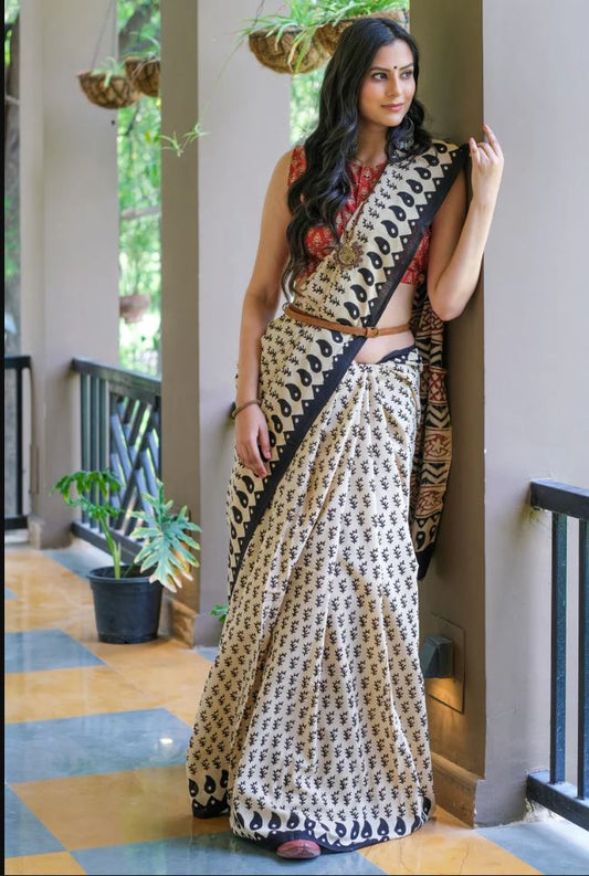 Sophisticated White and black point Color Cotton Linen Saree With Unstitched Blouse Piece For Women