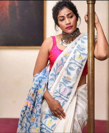 Timeless White Color Cotton Linen Saree With Unstitched Blouse Piece For Women