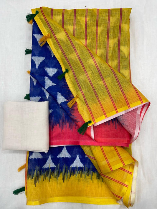 Royal Yellow Color Cotton Linen Saree With Unstitched Blouse Piece For Women