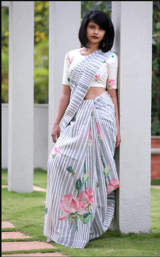 Elegent White Color Cotton Linen Saree With Unstitched Blouse Piece For Women