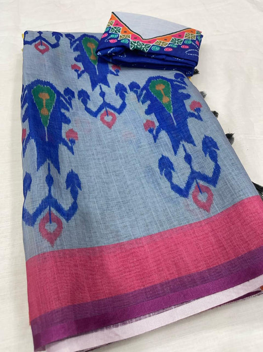 Regal Blue Color Cotton Linen Saree With Unstitched Blouse Piece For Women