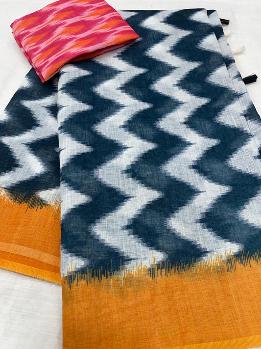 Gorgeous White line and Blue line Color Cotton Linen Saree With Unstitched Blouse Piece For Women