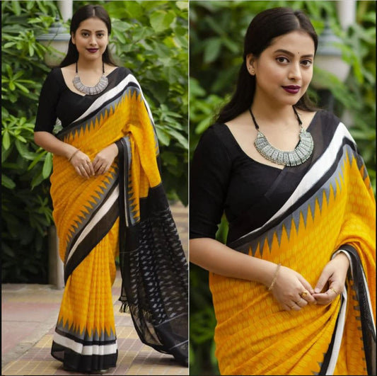 Graceful Yellow Color Cotton Linen Saree With Unstitched Blouse Piece For Women