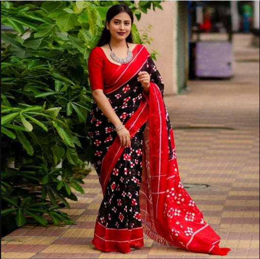 Majestic Black with Red Color Cotton Linen Saree With Unstitched Blouse Piece For Women