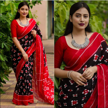 Majestic Black with Red Color Cotton Linen Saree With Unstitched Blouse Piece For Women