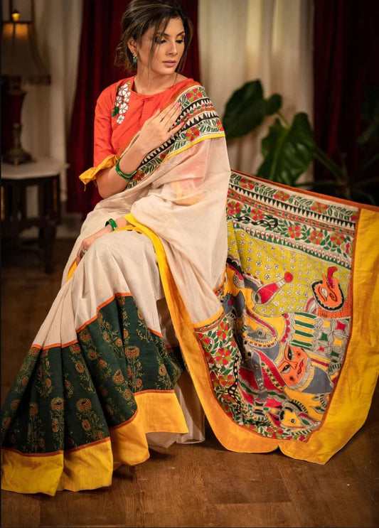 Divine White with Yellow Color Cotton Linen Saree With Unstitched Blouse Piece For Women