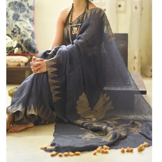 Royal Gray Color Cotton Linen Saree With Unstitched Blouse Piece For Women