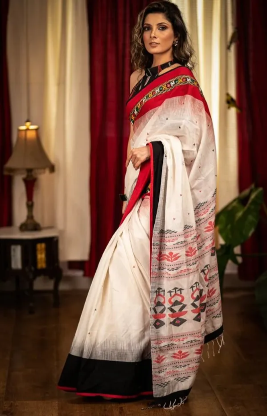 Luxurious White and Red Color Cotton Linen Saree With Unstitched Blouse Piece For Women