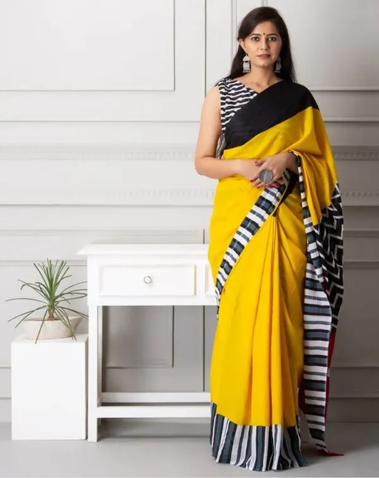 Timeless Yellow Color Cotton Linen Saree With Unstitched Blouse Piece For Women