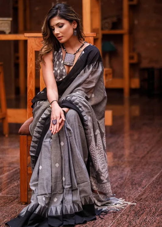 Glamorous Gray Color Cotton Linen Saree With Unstitched Blouse Piece For Women