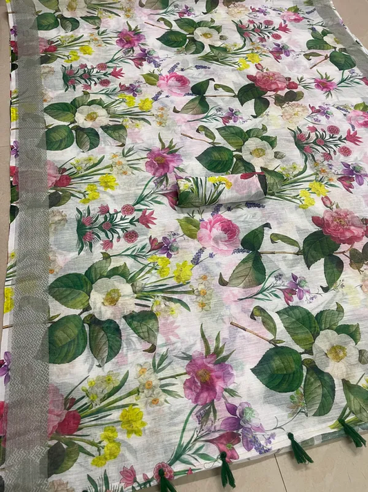 Dazzling White and Pink and Green Color Cotton Linen Saree With Unstitched Blouse Piece For Women