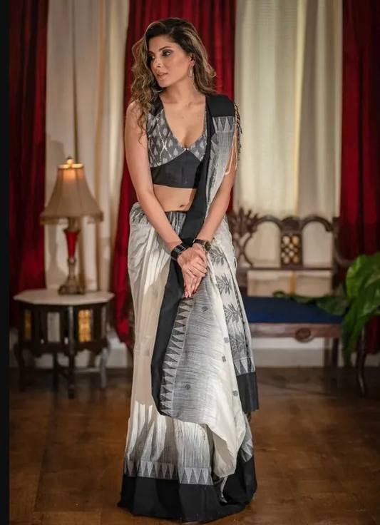 Vibrant White and Black Color Cotton Linen Saree With Unstitched Blouse Piece For Women
