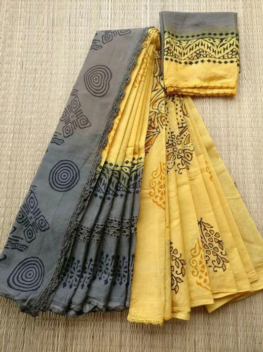 Classy Yellow and Gray Color Cotton Linen Saree With Unstitched Blouse Piece For Women