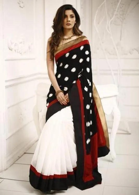 Exquisite White and Black Color Cotton Linen Saree With Unstitched Blouse Piece For Women