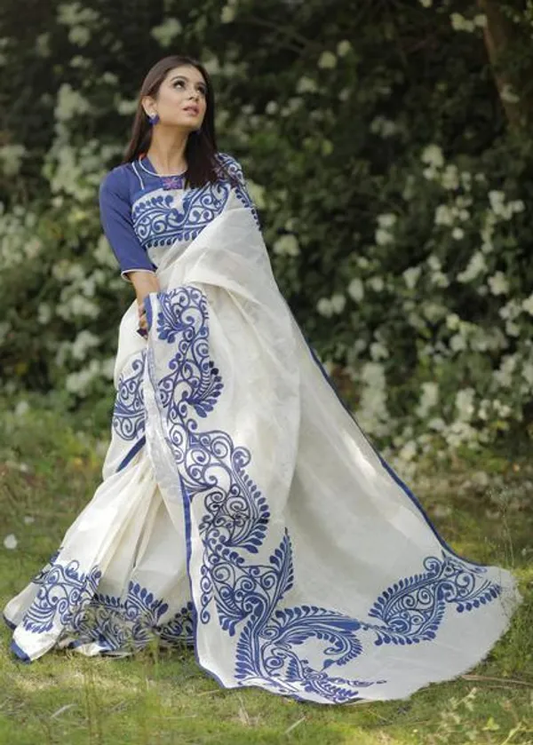 Charming White Color Cotton Linen Saree With Unstitched Blouse Piece For Women