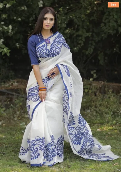 Charming White Color Cotton Linen Saree With Unstitched Blouse Piece For Women