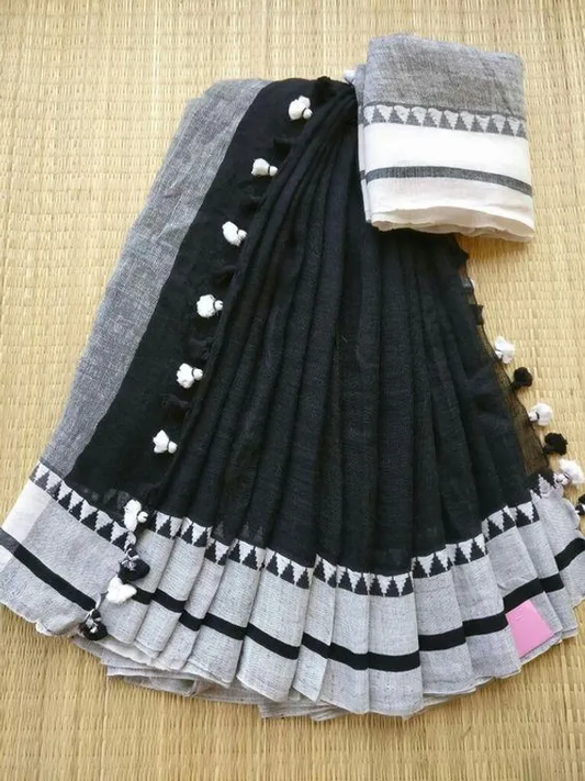 Divine Black and White Color Cotton Linen Saree With Unstitched Blouse Piece For Women