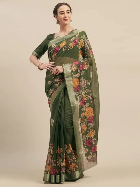 Charming Green Color Cotton Linen Saree With Unstitched Blouse Piece For Women
