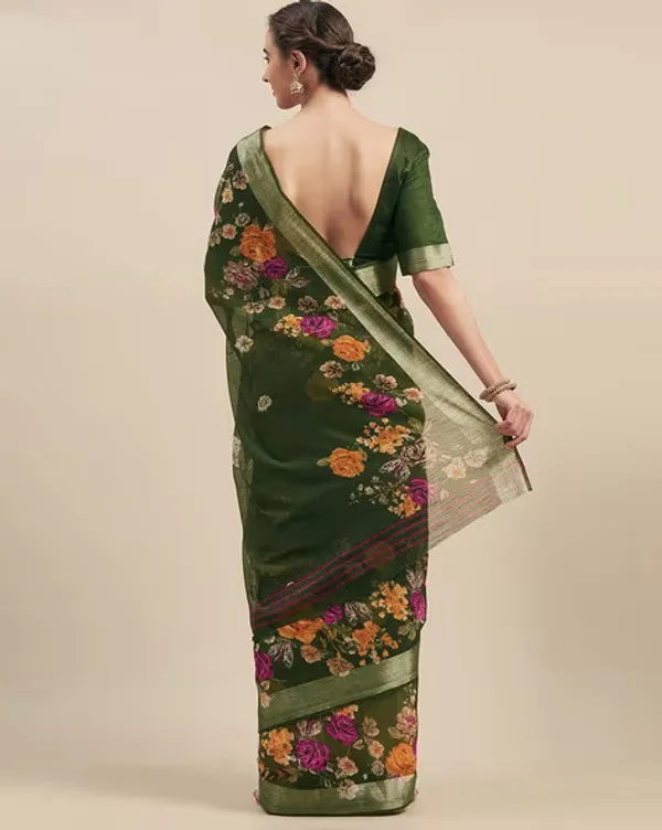 Charming Green Color Cotton Linen Saree With Unstitched Blouse Piece For Women