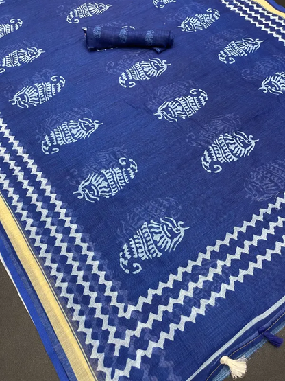 Glamorous Blue Color Cotton Linen Saree With Unstitched Blouse Piece For Women