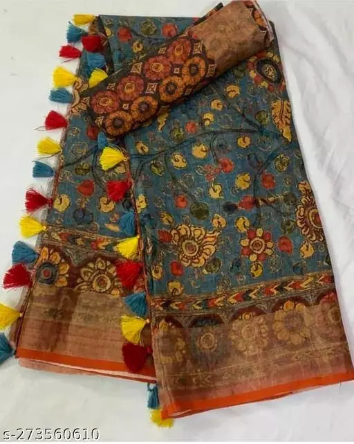 Regal Green and Brown Color Cotton Linen Saree With Unstitched Blouse Piece For Women