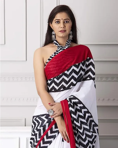 Timeless White and Red Color Cotton Linen Saree With Unstitched Blouse Piece For Women