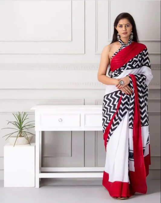 Timeless White and Red Color Cotton Linen Saree With Unstitched Blouse Piece For Women
