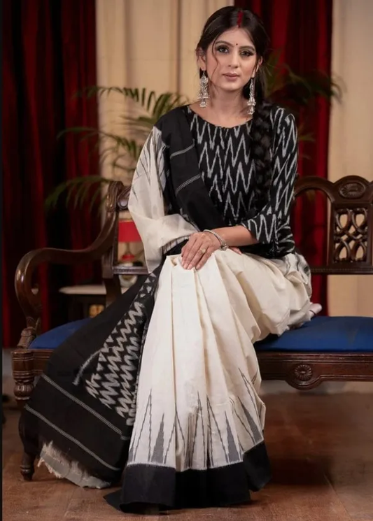Royal Black with White  Color Cotton Linen Saree With Unstitched Blouse Piece For Women