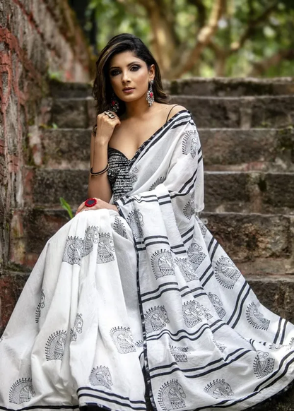 Majestic White Color Cotton Linen Saree With Unstitched Blouse Piece For Women